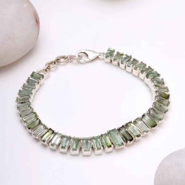 Green olive tourmaline bracelet in silver 925. Gemstone statement Tennis bracelet in silver. Designer bracelet for women. Cocktail bracelet