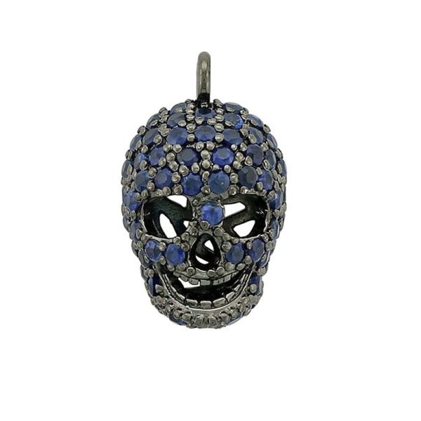 Blue Sapphire Pendant, Sapphire Skull Charm Pendant, Silver Blue Sapphire Skeleton Charm, Black Diamond Skull Pendant Halloween Gift