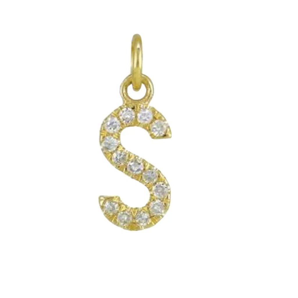 Pave Diamond Initial S Charm, 14k Solid Yellow Gold Letter Charm, Alphabet S Diamond Pendant, Diamond Word Name Charm Birthday Gift