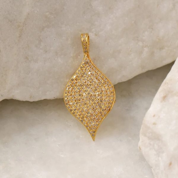 Leaf charm pendant pave diamond in sterling silver. Art deco diamond leaf pendant. Fine diamond jewelry.