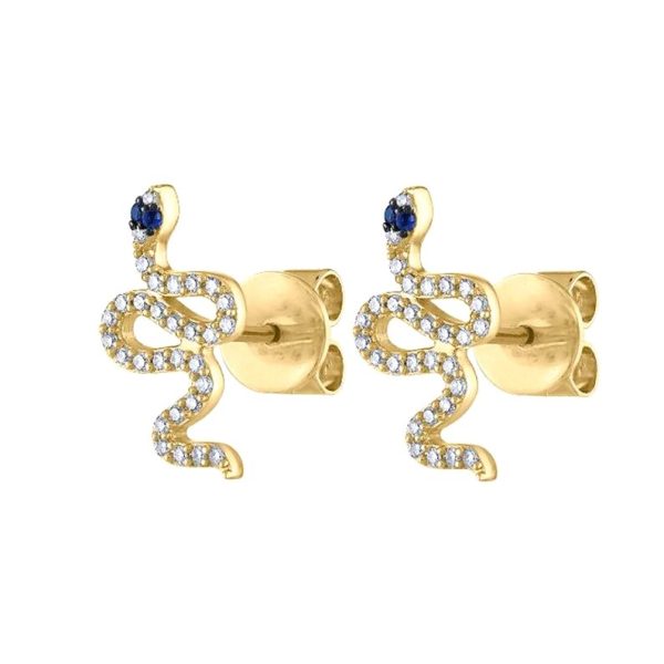 Pave Diamond Earrings, Diamond Stud Earrings, Sapphire Snake Stud earrings, 14k Yellow Gold Serpent Stud Earrings Halloween Day Gift