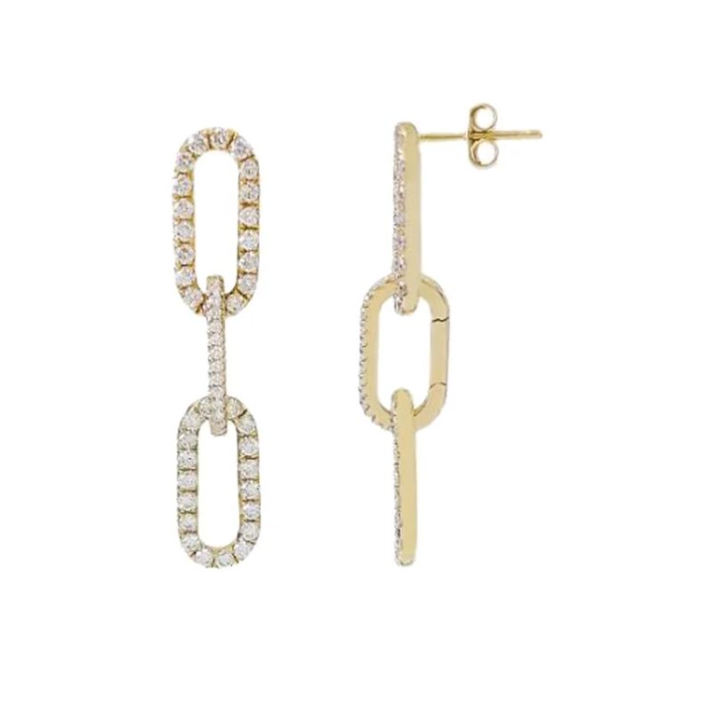 Pave Diamond Earrings, 14k Gold Earrings, Diamond Chain Link Earrings, 14k Solid Yellow Gold Link Chain Earrings Birthday Gift Women