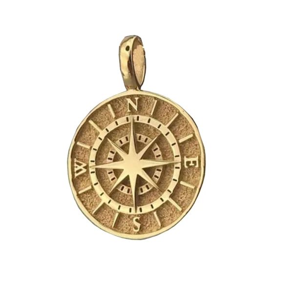14K Yellow Gold Compass Pendant, 14k Solid Gold Compass Charm Pendant, Yellow Gold Compass Medallion Pendant Birthday Gift Women