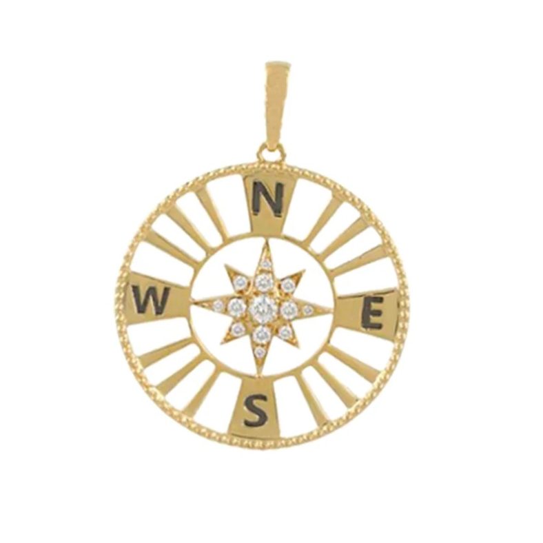 14K Yellow Gold Compass Pendant, 14k Solid Gold Compass Pendant, Pave Diamond Gold Compass Charm, Gold Compass Pendant Birthday Gift