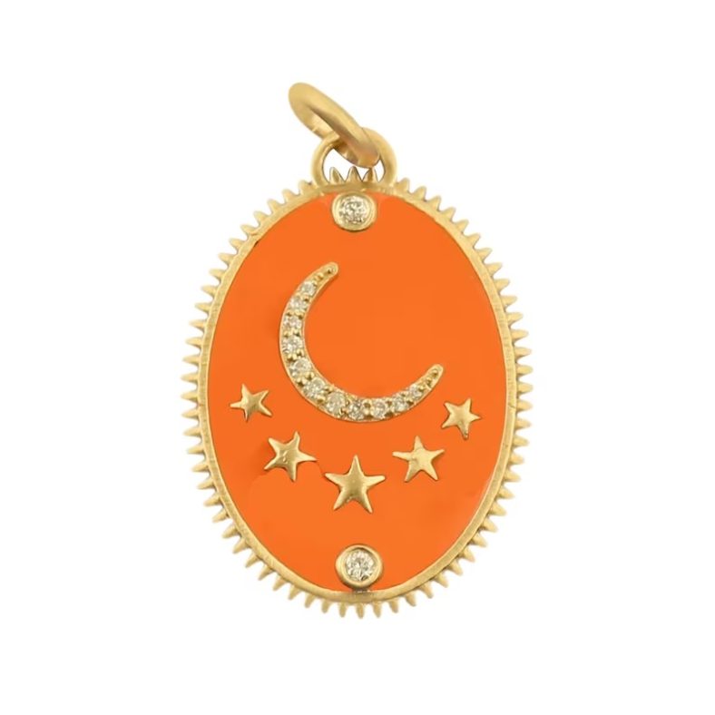 Diamond Star Moon Charm Pendant, Pave Diamond Charm, Diamond Crescent Moon Star Pendant, Solid Yellow Gold 14k Orange Enamel Pendant