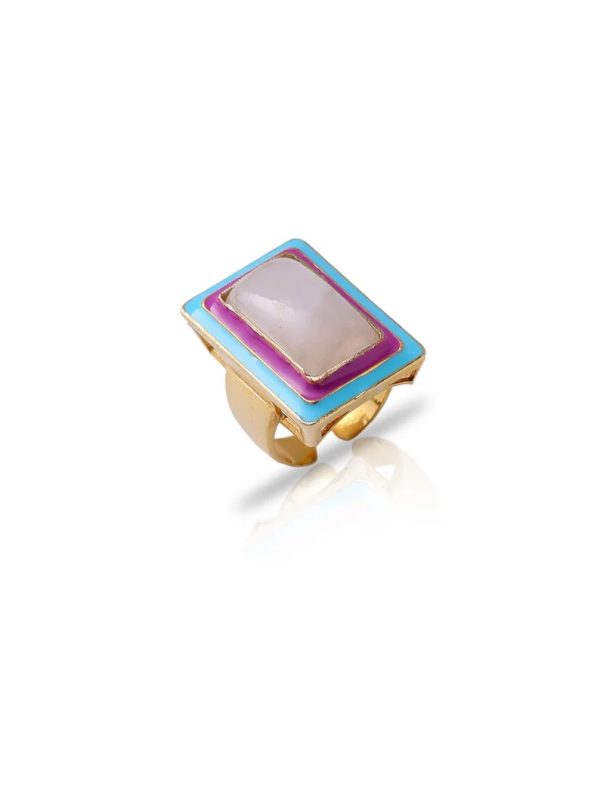 Moonstone ring gold sterling silver 925. Bohemian statement ring for women. Solid silver adjustable ring. Gold plated. Colorful enamel ring