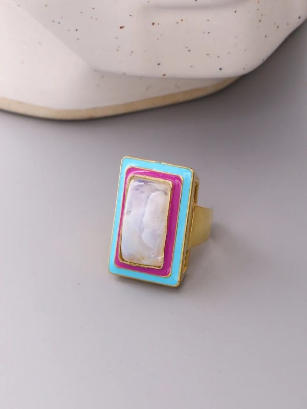 Moonstone ring gold sterling silver 925. Bohemian statement ring for women. Solid silver adjustable ring. Gold plated. Colorful enamel ring