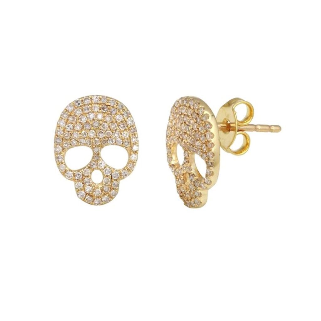 Real Diamond Pave Skull Stud Earrings, Solid Yellow Gold Skull Stud Earrings, Diamond Gold Stud Earrings Halloween Day Gift Women
