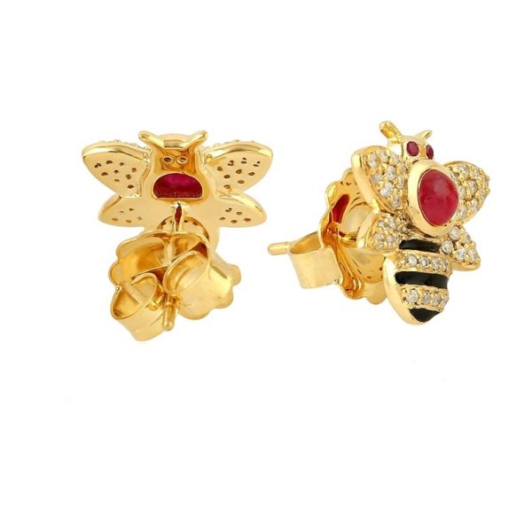 Pave Diamond Insect Earrings, Diamond Mini Stud Earrings, 14k Yellow Gold Flying Bird Earrings, Ruby Gemstone Black Enamel Earrings