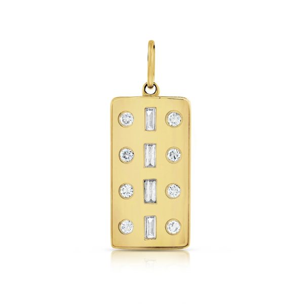 14k Gold Baguette + Round Diamonds Vertical Plate Charm, Gold Plate Charm, Diamond and Baguette Gold Plate Charm Jewelry