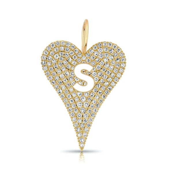 14k Gold Cutout Initial Medium Elongated Diamond Heart Charm, Gold Diamond Initial Letter Heart Charm, Gold Heart initial Letter Pendant, Gold Diamond Initial letter Heart Charm Pendant Jewelry