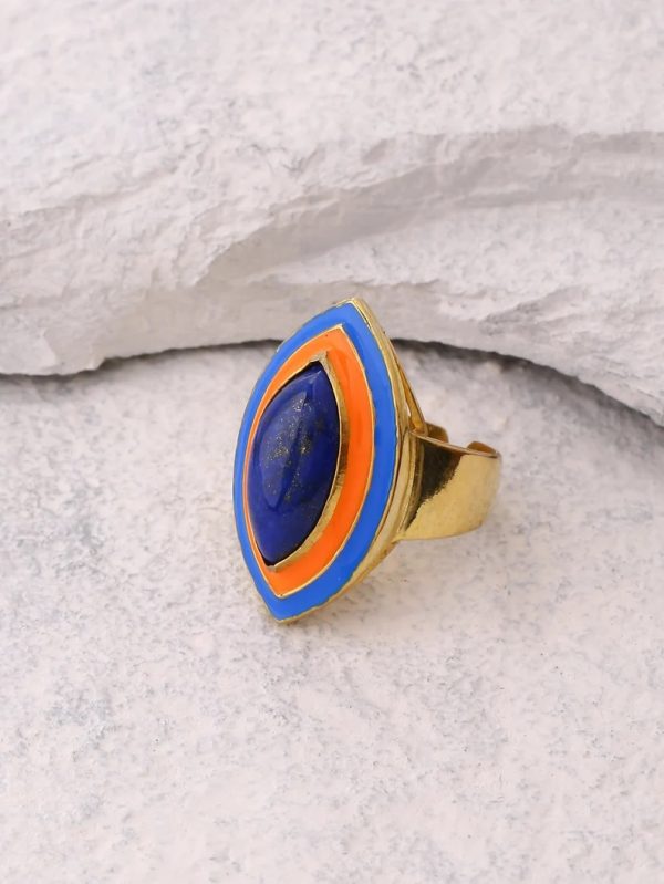 Lapis Lazuli ring gold. Bohemian enamel ring in gold plated silver. Designer Statement ring for women. Solid 925 silver ring with lapis