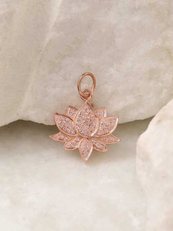 Pave diamond Lotus flower charm pendant necklace in 925 sterling silver. Cute designer flower charm pendant.