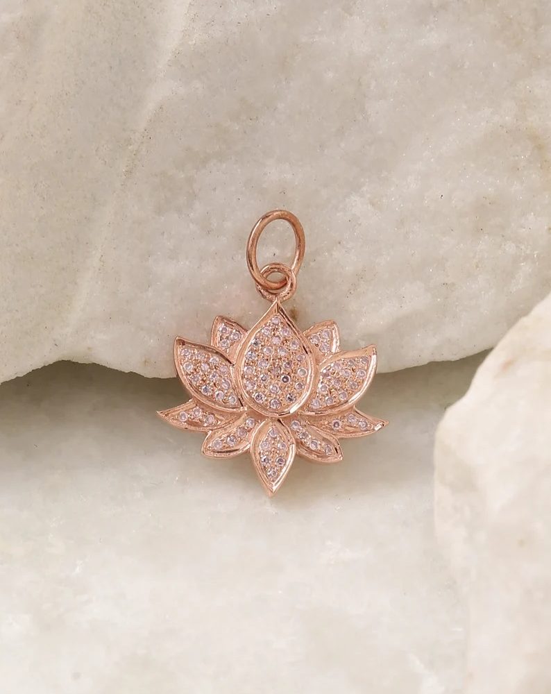 Pave diamond Lotus flower charm pendant necklace in 925 sterling silver. Cute designer flower charm pendant.