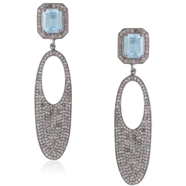 Pave diamond statement earring in sterling silver. Designer large party wear diamond earrings for women. Dangle earrings for women