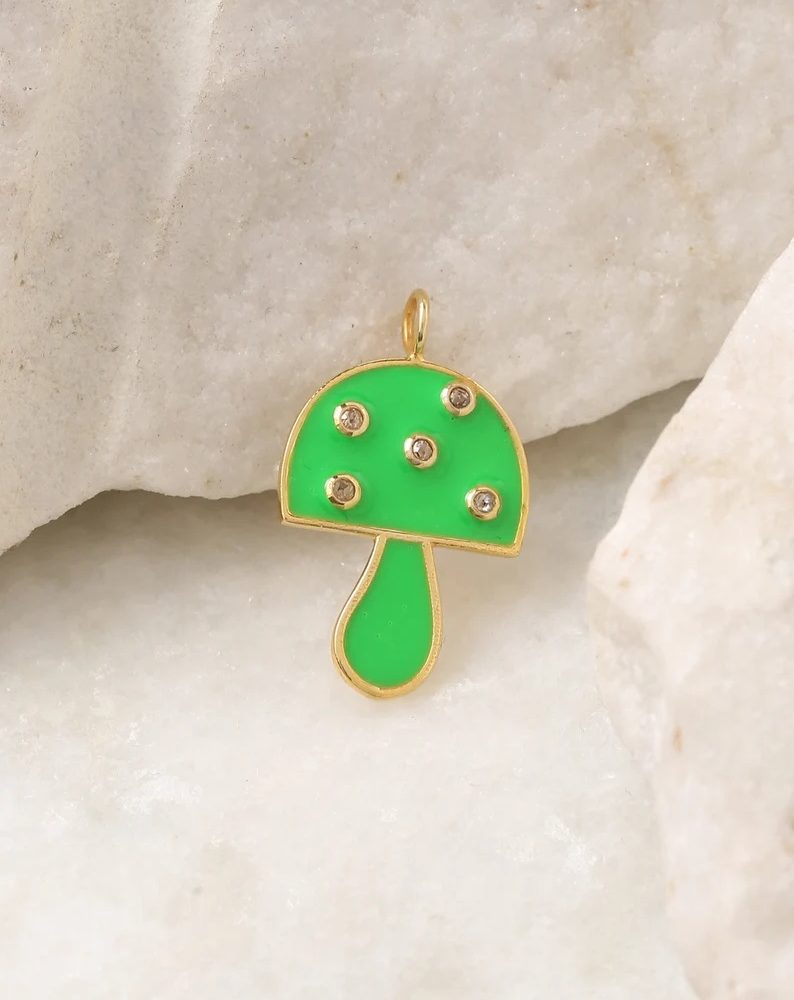 Cute Mushroom charm diamond in sterling silver and enamel. 925 sterling silver charms pendant.
