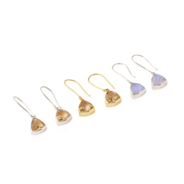 Minimal gemstone ear-wire earring in silver and gold. Citrine Earrings. Moonstone earrings. Triangle Small dangle earrings for women.