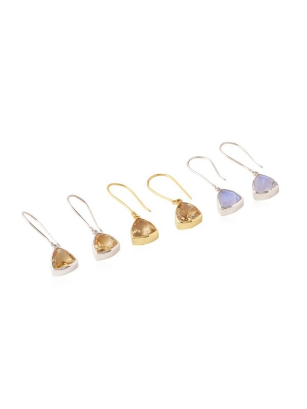 Minimal gemstone ear-wire earring in silver and gold. Citrine Earrings. Moonstone earrings. Triangle Small dangle earrings for women.