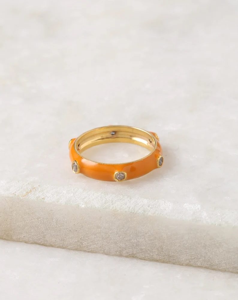 Colorful casual diamond ring band in silver 925. statement Enamel ring band for women. Gold plated diamond rings.