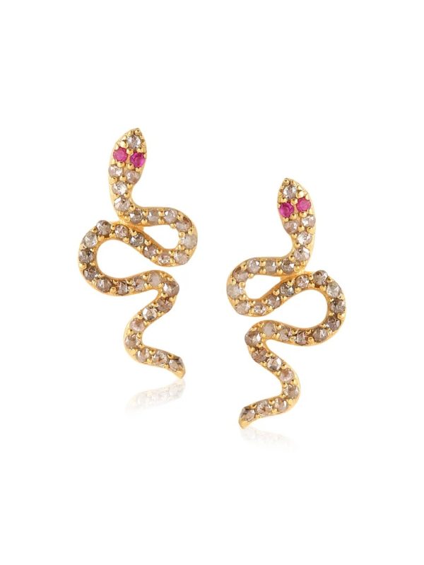 Snake stud earring diamond in silver. Appealing Snake reptile earring gold for men and women. Art deco diamond earring sterling 925.