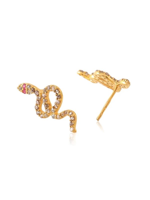 Snake stud earring diamond in silver. Appealing Snake reptile earring gold for men and women. Art deco diamond earring sterling 925.