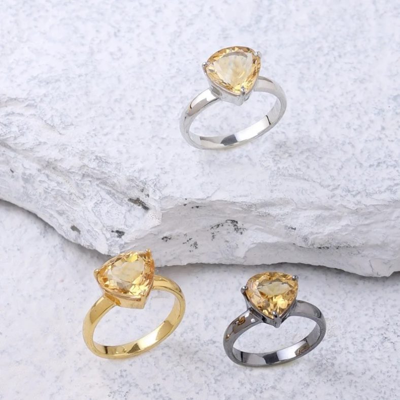 Statement ring citrine in silver gold. Natural citrine crystal ring in solid silver. Large gemstone rings for women.