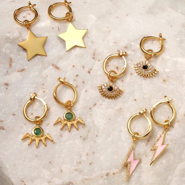 Dangle and drop Charms earrings in gold plated 925 silver for women and girls. Star, evil-eye, emerald earrings. Cute lightweight earrings