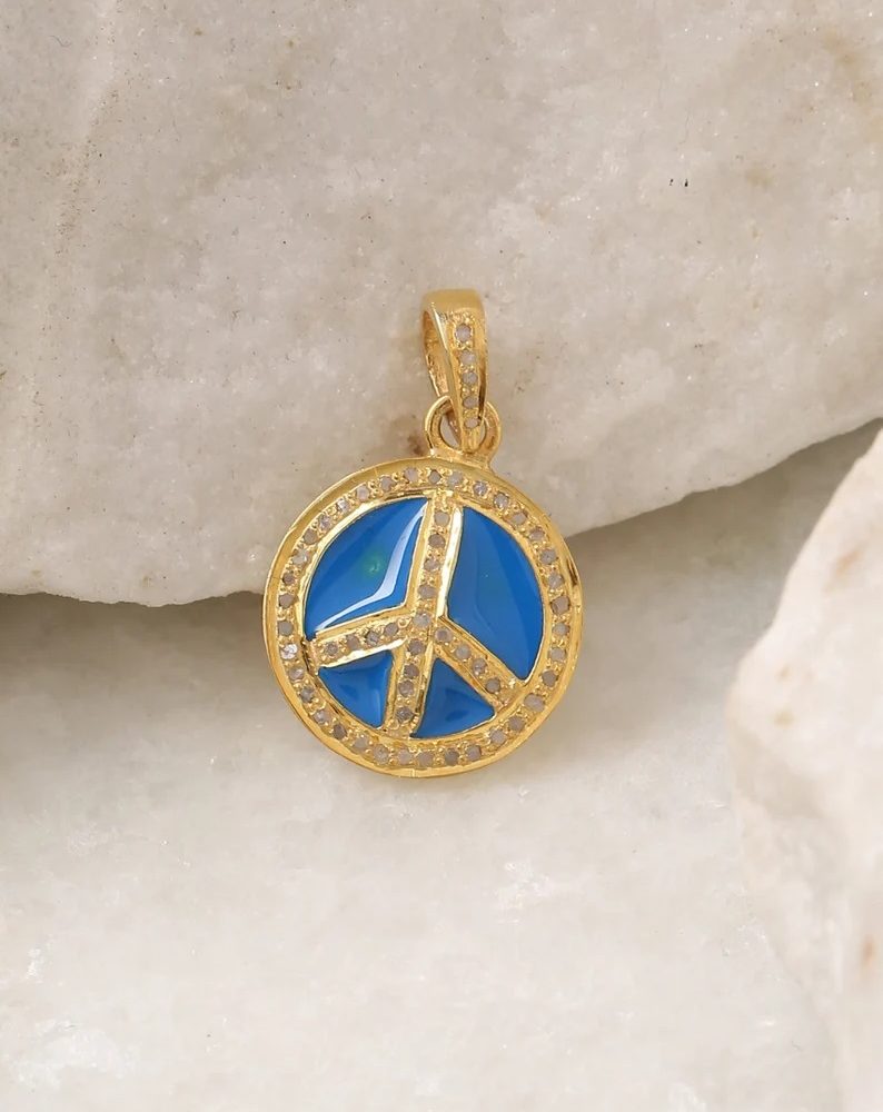Peace charm pendant pave diamond in sterling silver 925. Enamel peace symbol pave diamond silver charms gold plated.