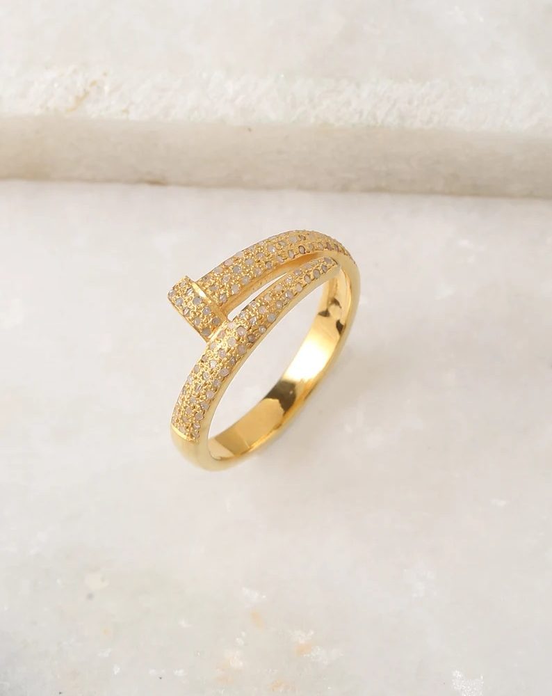Pave diamond ring in gold plated silver. Statement designer ring for women. Diamond rings gold for women.