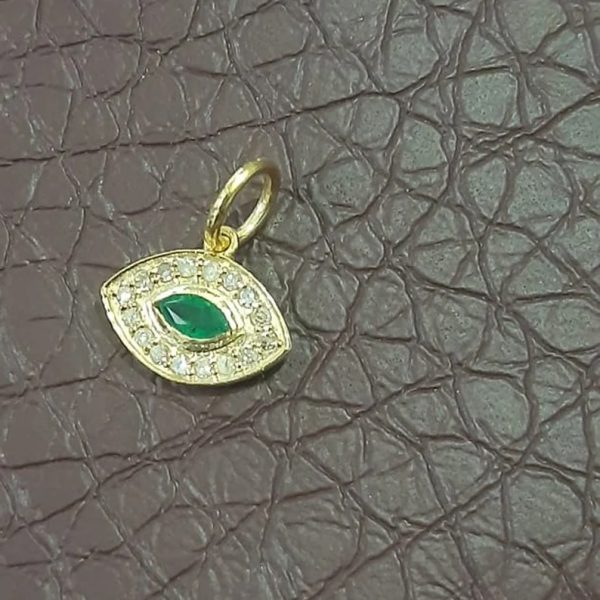 Solid Yellow Gold Evil Eye Charm, 14k Yellow Gold Evil Eye Pendant, Diamond Pave Emerald Marquise Charm, Christmas Gift for Women