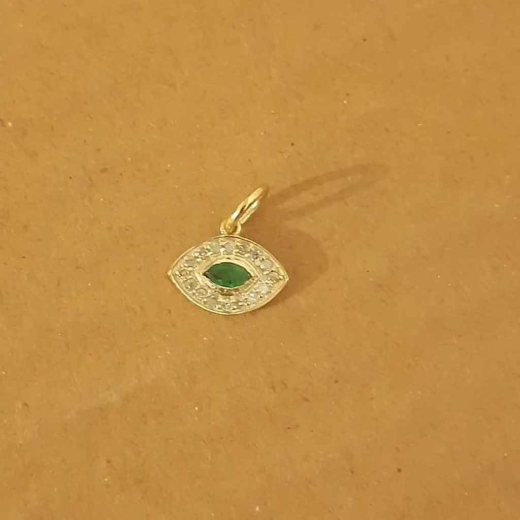 Solid Yellow Gold Evil Eye Charm, 14k Yellow Gold Evil Eye Pendant, Diamond Pave Emerald Marquise Charm, Christmas Gift for Women