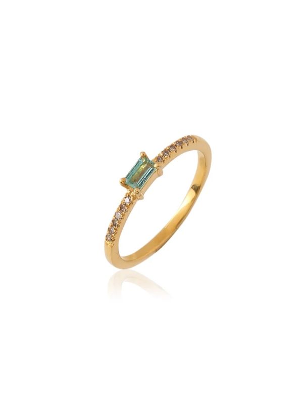 Emerald diamond ring gold for women. Minimalist dainty diamond ring in gold plated 925 silver. Natural diamond and emerald designer ring