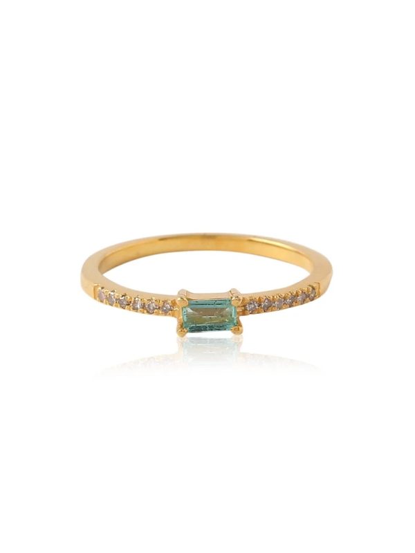 Emerald diamond ring gold for women. Minimalist dainty diamond ring in gold plated 925 silver. Natural diamond and emerald designer ring
