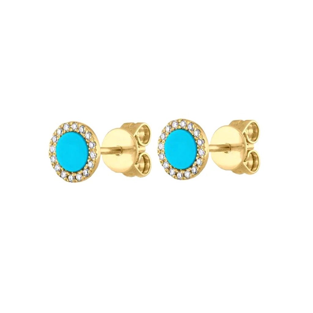 Turquoise Stud Earrings, Pave Diamond Stud Earrings, Gemstone Diamond 14k Gold Stud Earrings, Diamond Minimalist Studs Birthday Gift