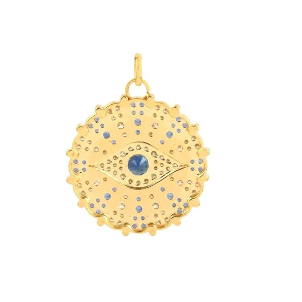 Pave Diamond Evil Eye Charm, Diamond Pave Evil Eye Pendant, 14k Yellow Gold Round Disc Pendant, Blue Sapphire Gemstone Pendant Gift