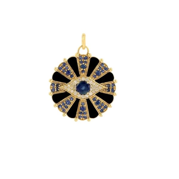 Pave Diamond Evil Eye Charm, Diamond Pave Evil Eye Pendant, 14k Yellow Gold Round Disc Pendant, Blue Sapphire Enamel Pendant Gift