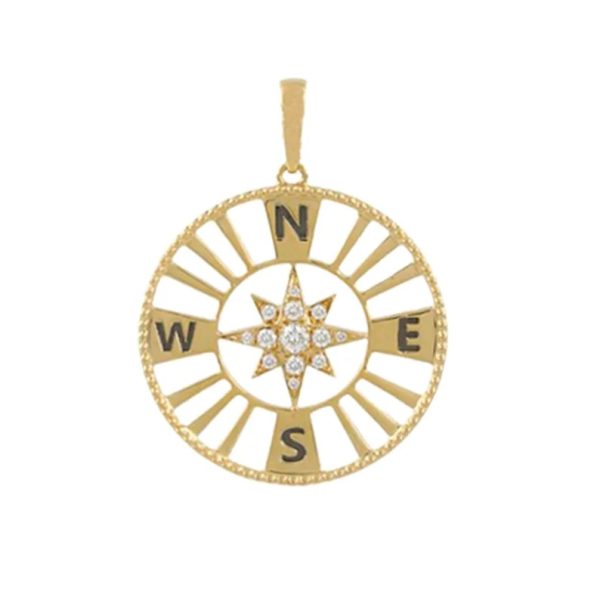 14K Yellow Gold Compass Pendant, 14k Gold Compass Pendant, Pave Diamond Gold Compass Charm, Gold Compass Pendant Birthday Gift
