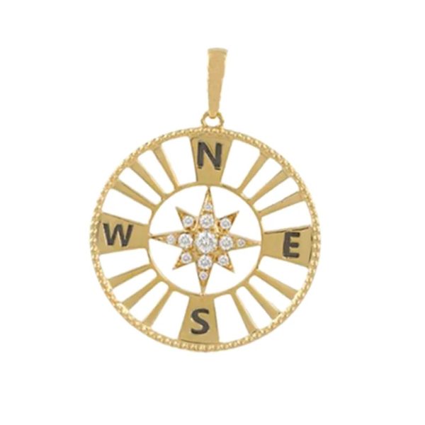 14K Yellow Gold Compass Pendant, 14k Gold Compass Pendant, Pave Diamond Gold Compass Charm, Gold Compass Pendant Birthday Gift