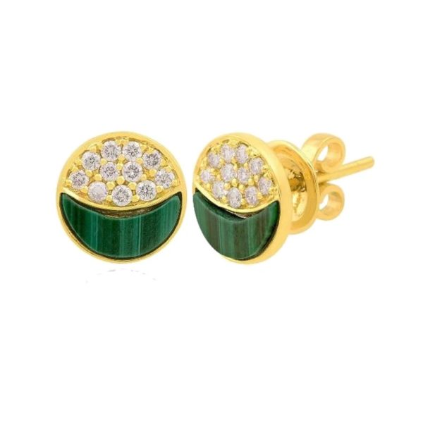 Pave Diamond Studs, Diamond Circle Stud Earrings, 14k Yellow Gold Malachite Stud Earrings, 14k Yellow Gold Stud Birthday Gift Women