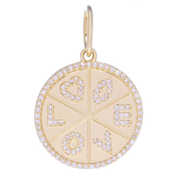 Pave Diamond Pendant, Diamond Love Pendant, Real Natural Diamond Pendant, 14k Yellow Gold Love Pendant Circle Round Disc Jewelry