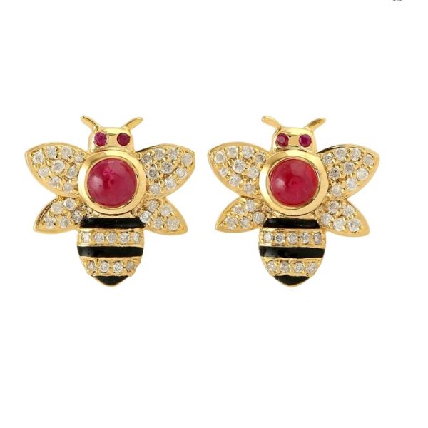 Pave Diamond Insect Earrings, Diamond Mini Stud Earrings, 14k Yellow Gold Flying Bird Earrings, Ruby Gemstone Black Enamel Earrings,