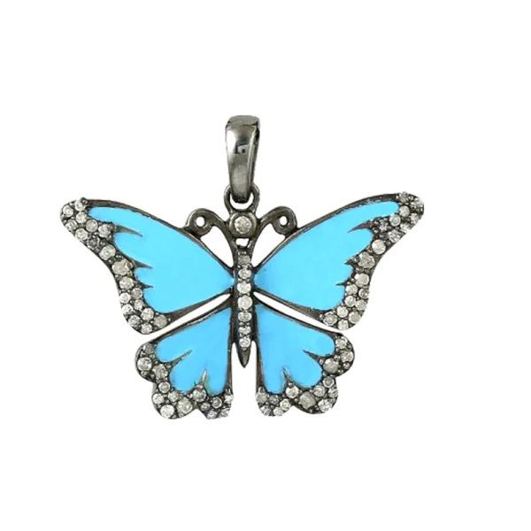 Pave Diamond Pendant, Diamond Butterfly Charm, Pave Diamond Butterfly Charm Pendant, 925 Silver Gemstone Turquoise Charm Pendant
