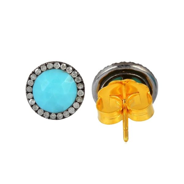 Diamond Stud Earrings, Pave Diamond Minimalist Stud Earrings, 925 Silver Circle Stud Earrings, Turquoise Round Mini Stud Earrings