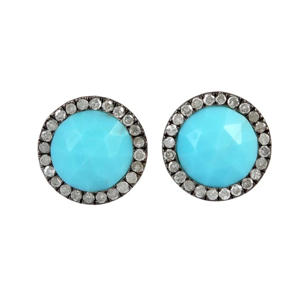 Diamond Stud Earrings, Pave Diamond Minimalist Stud Earrings, 925 Silver Circle Stud Earrings, Turquoise Round Mini Stud Earrings