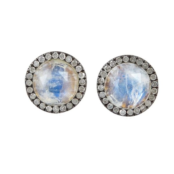 Diamond Stud Earrings, Pave Diamond Minimalist Stud Earrings, Sterling Silver Stud Earrings, Rainbow Moonstone Mini Stud Earrings