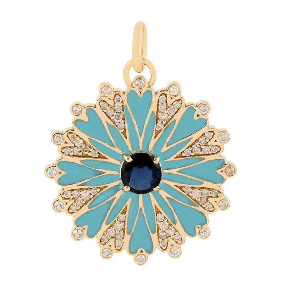 14k Yellow Gold Heart Pendant, Diamond Pave Pendant, Blue Sapphire Gemstone Pendant, Turquoise Enamel Gemstone Pendant Women Gift