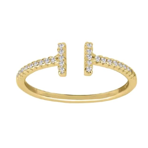 14k Yellow Gold Ring, Pave Diamond T Ring, Diamond T Bar Ring, 14k Yellow Gold Double Bar Ring, Gold Ring Birthday Gift Women