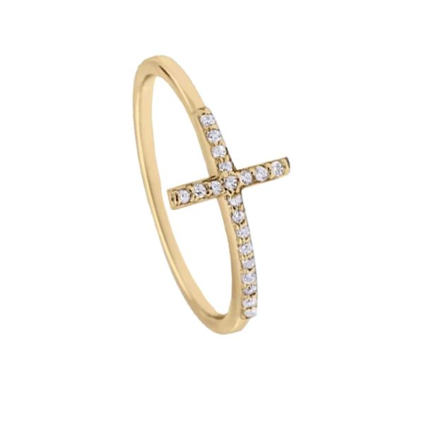 14k Yellow Gold Ring, Pave Diamond Ring, Diamond Cross Ring, 14k Yellow Gold Ring, Gold Diamond Cross Ring Birthday Gift Women