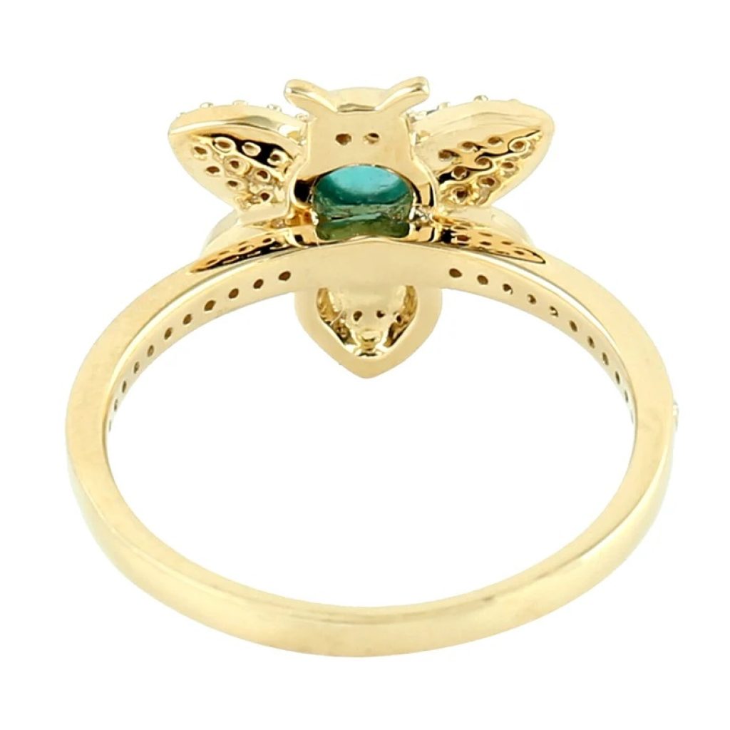 Yellow Gold Gemstone Ring, Diamond Honey Bee Ring, Diamond Engagement Ring, Gemstone Emerald Ring, 14k Yellow Gold Black Enamel Ring