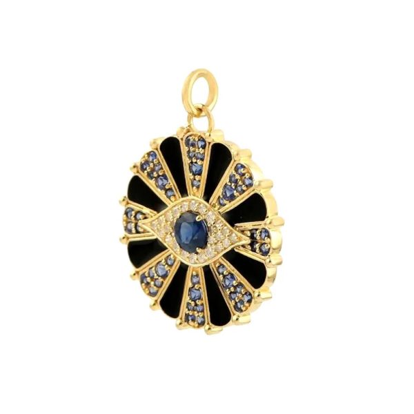 Pave Diamond Evil Eye Charm, Diamond Pave Evil Eye Pendant, 14k Yellow Gold Round Disc Pendant, Blue Sapphire Enamel Pendant Gift